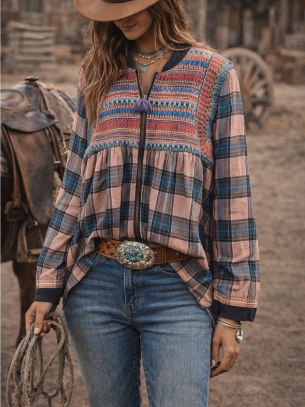Ivy Jane Boho Plaid Embroidered Jacket